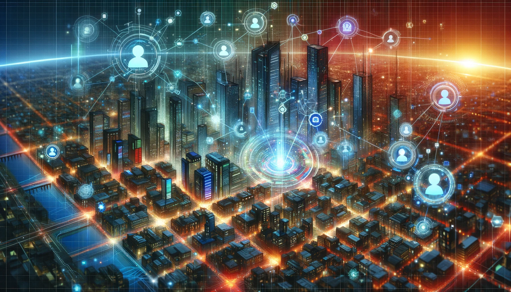 DALL-E 2024-05-16 09.12.29 - A futuristic city with holographic buildings and digital twins of people and infrastructure, all connected by glowing network lines, in a mosaic art s