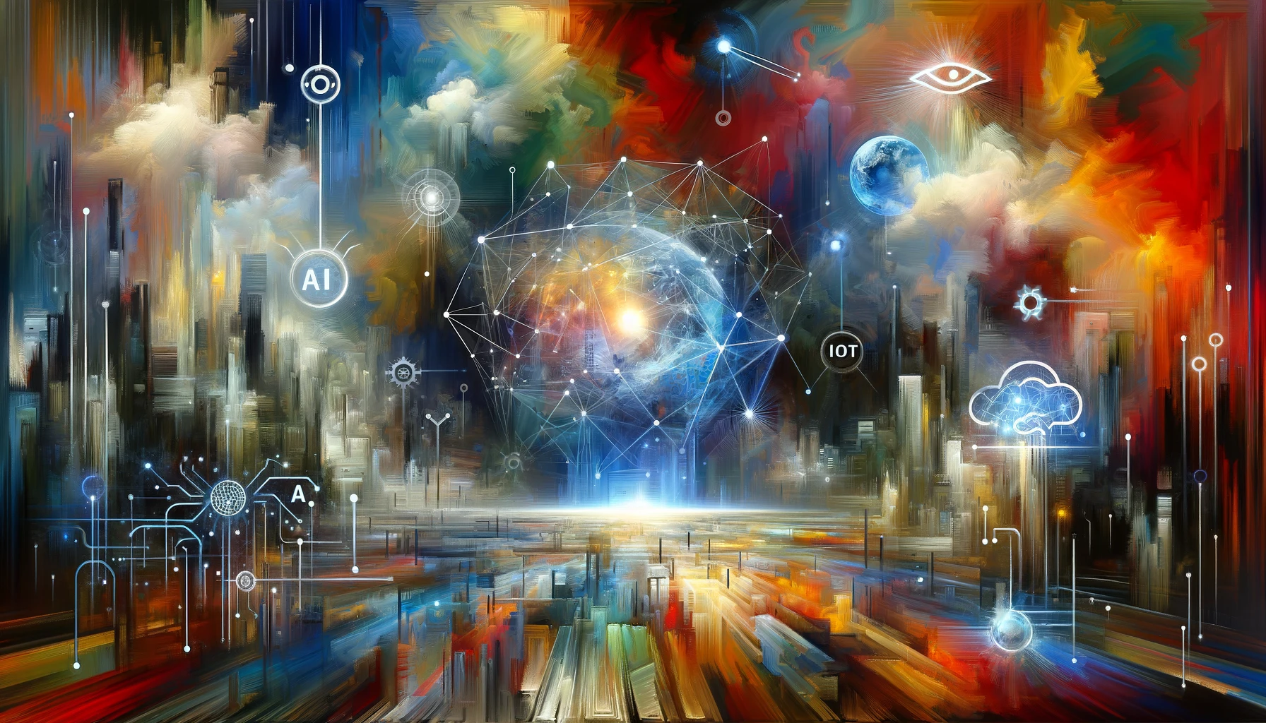 DALL-E 2024-05-16 09.17.54 - A hyperdigitalized environment shown through an abstract expressionism art style, depicting the interconnectedness of AI, IoT, and digital networks wi