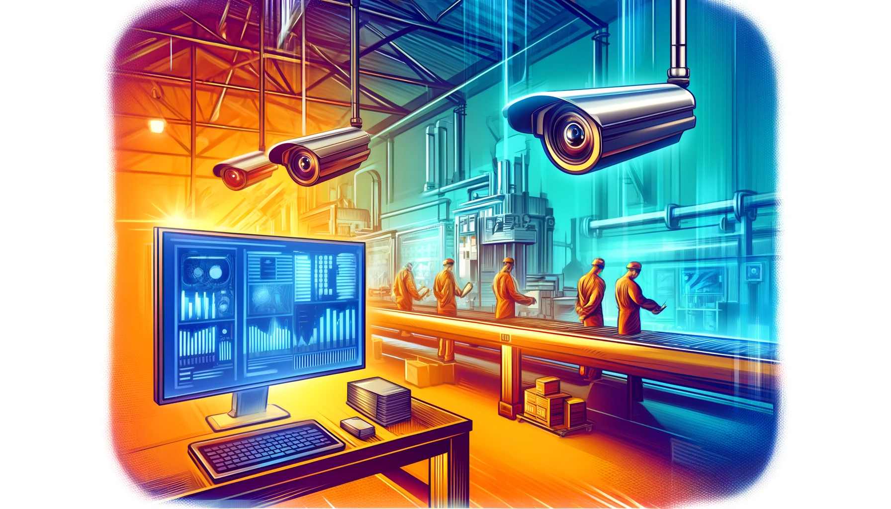 DALL-E 2024-05-21 09.40.02 - A stylized illustration of a quality inspection area in a modern manufacturing plant, featuring AI-powered cameras detecting defects on a production l