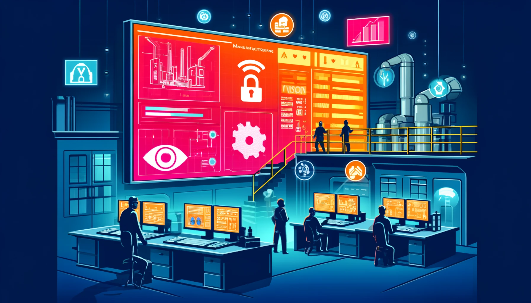 DALL-E 2024-05-21 09.40.10 - A stylized illustration of a manufacturing safety control room with AI vision systems ensuring workplace safety, displaying real-time data on screens