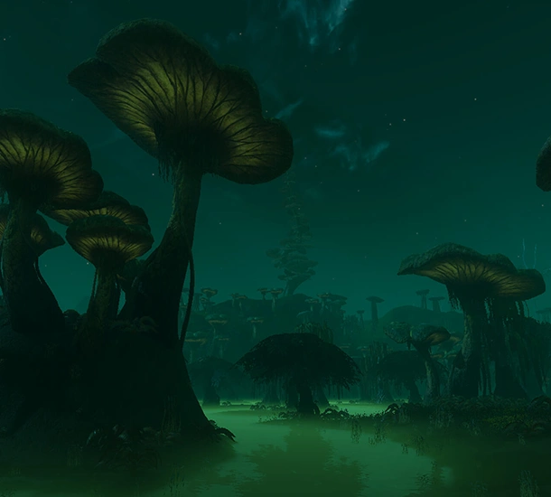 Animerad bild på vatten och stora svampar från MindArk